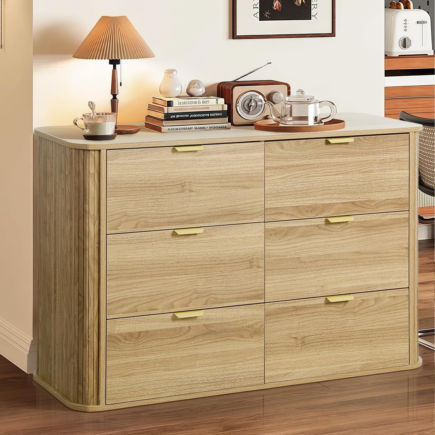 SoarFlash Sideboard Buffet Cabinet with 6 Drawers, 47 inch Modern Wooden Storage Cabinet with Metal Handles & Waterproof Surface, Multi-Use for Bedroom, Living Room & Entryway