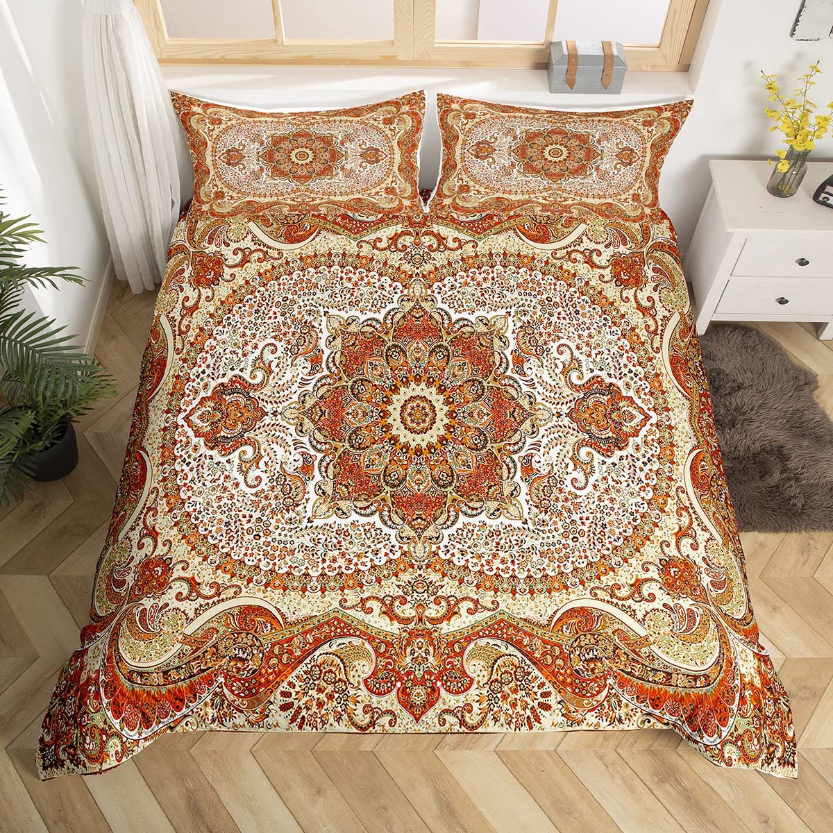 Homewish Boys Multi 10 Bed Set Red Oriental Medallion Duvet Cover Hippie Man Ala Bedding Set Double Tribal Bohemian Comforter Cover Traditional Vintage Bed Cover With 2 Pillowcase Zipper Closure