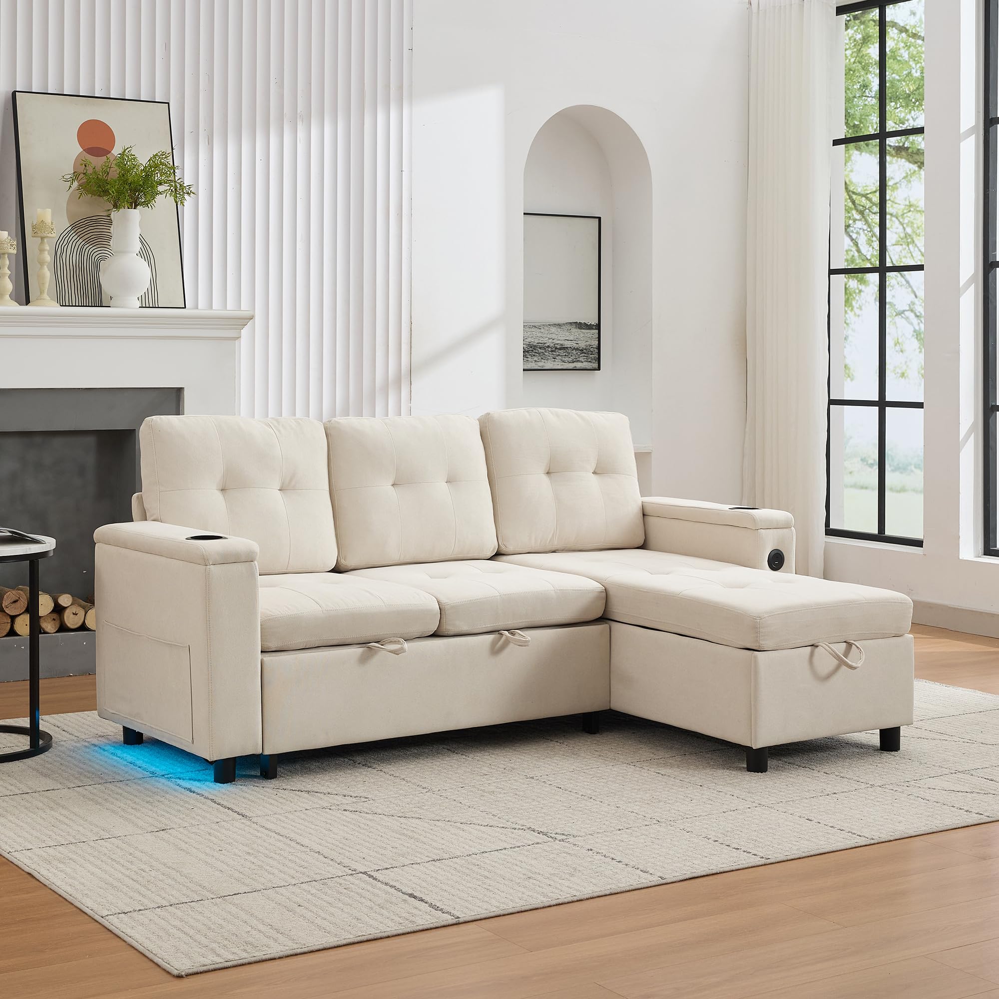 Merax Ecksofa mit Schlaffunktion & Bettkasten, L-Form Polstersofas mit LED, 3-Sitzer Ausziehbares Schlafsofa, Klappsofa mit Ladefunktion & Getränkehaltern, Polstermöbel für Wohnzimmer, Wohnung, Beige