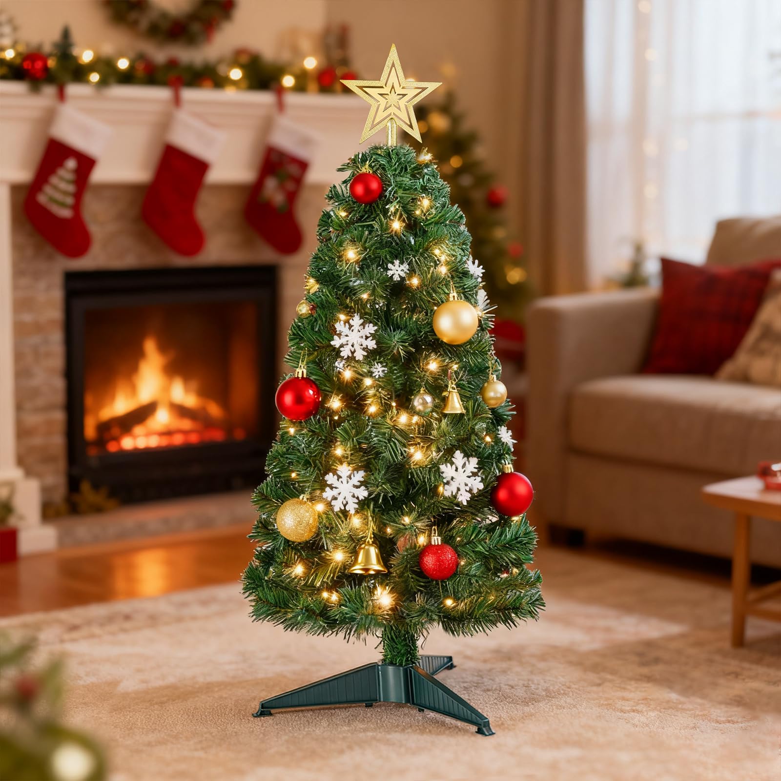ELYKEN Mini sapin de Noël artificiel de 0,9 m avec lumières LED, décoration de Noël pour table, chambre à coucher, intérieur, extérieur, vert