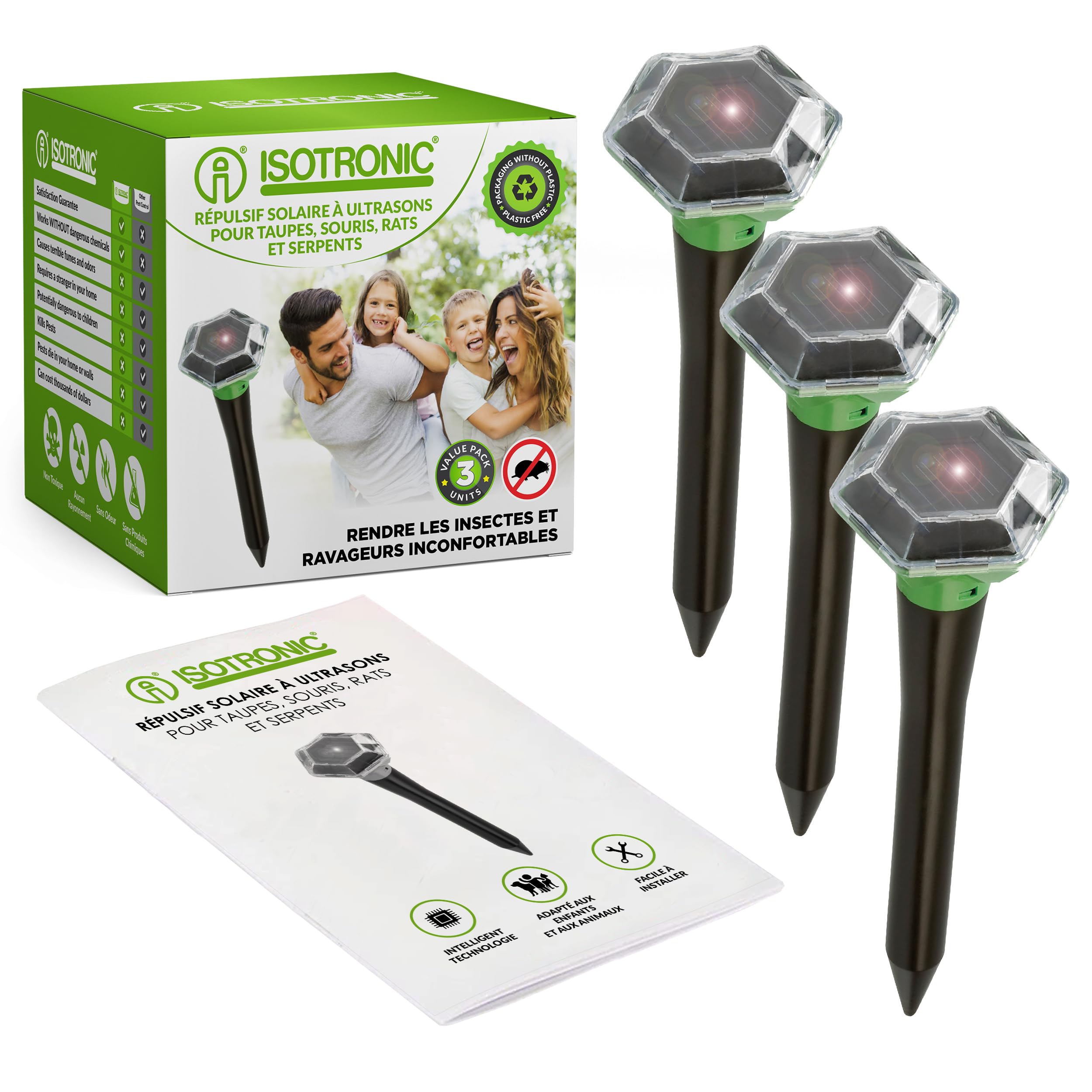 ISOTRONIC Répulsif Solaire Taupes, campagnols et Serpents – avec Piquet de Sol pour Le Jardin – Protection Efficace sans Poison – Portée 1 250 m² – Lot de 3 unités pour Grands terrains et Jardins