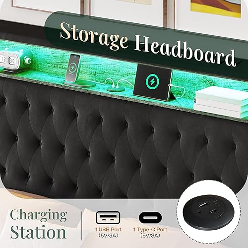 Miniatura 6 de Jocisland Base de cama tamaño Queen de 53.6 pulgadas de alto, cabecero de almacenamiento con luces LED y estación de carga, cama tapizada de Negro