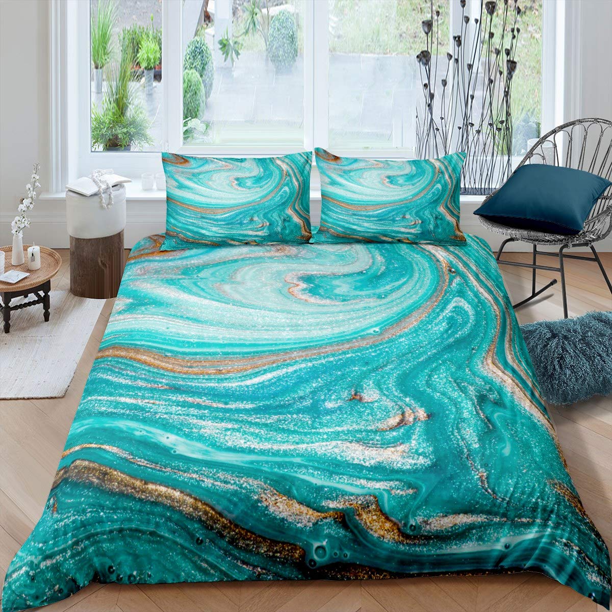 Housse de couette marbre bleu sarcelle double pour lit d'enfant moderne