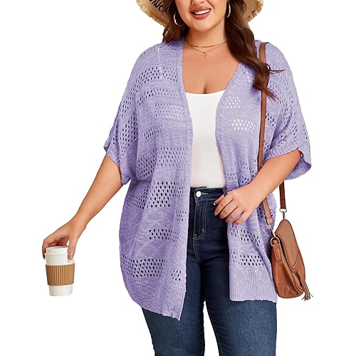 Women's Plus Size Crochet Cardigan Kimonos Boho Short Sleeve Oversized Summer Open Front Knitted Sweater