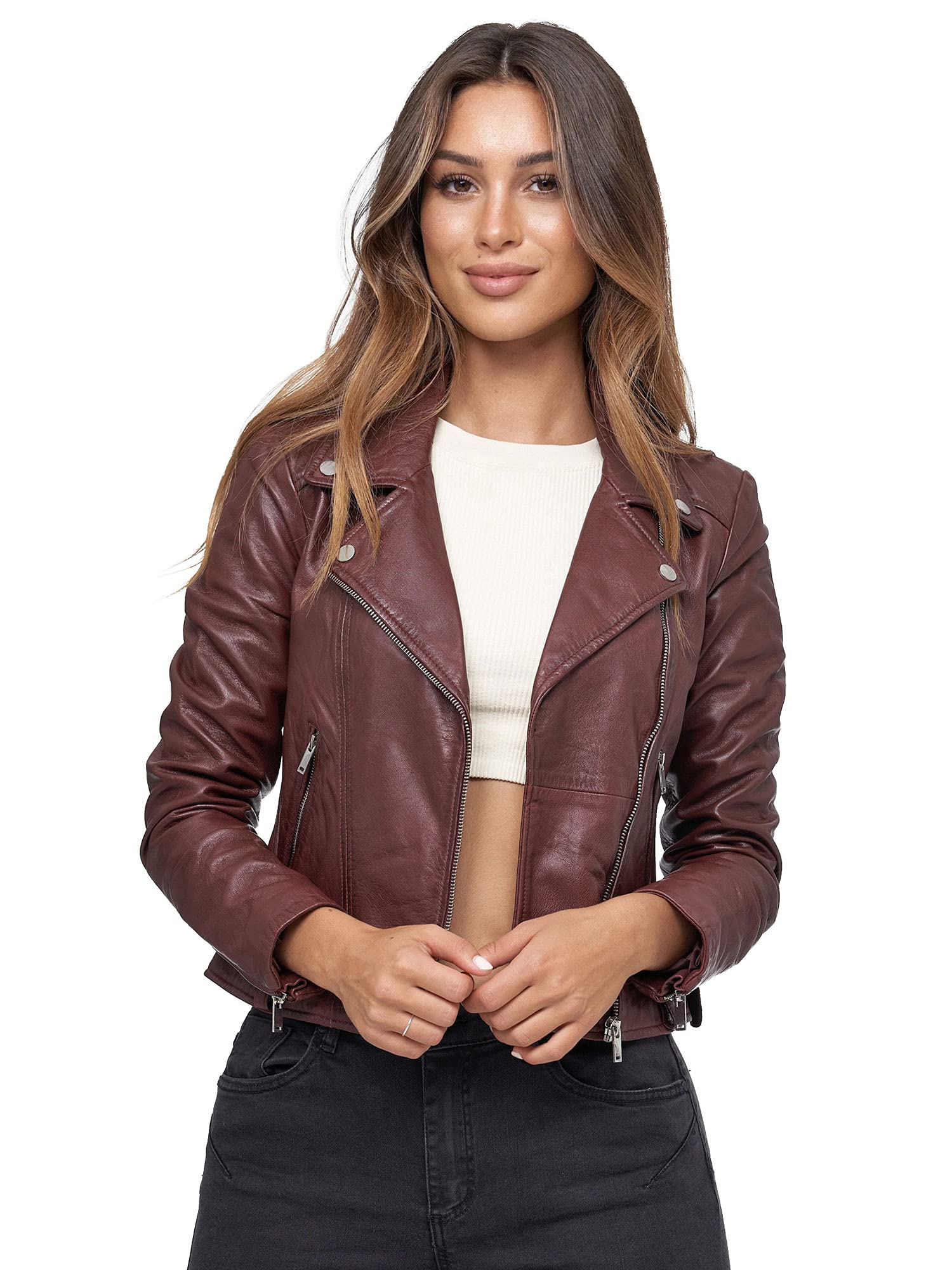 Tazzio Lederjacke Damen Echtleder Jacke im Biker Look mit coolen Zipper-Details & Reverskragen F507