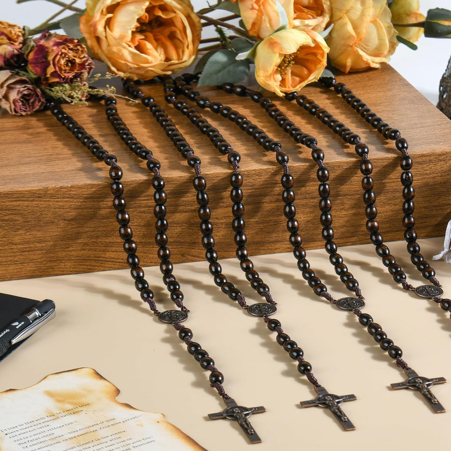 60 Set Wooden Rosary Beads Bulk Wood Rosaries Catholic Beads for Men Women Jesus Holy Crucifix Cross Rosary with Organza First Communion Baptism Favors Religious Christians Church Presen (Dark brown)