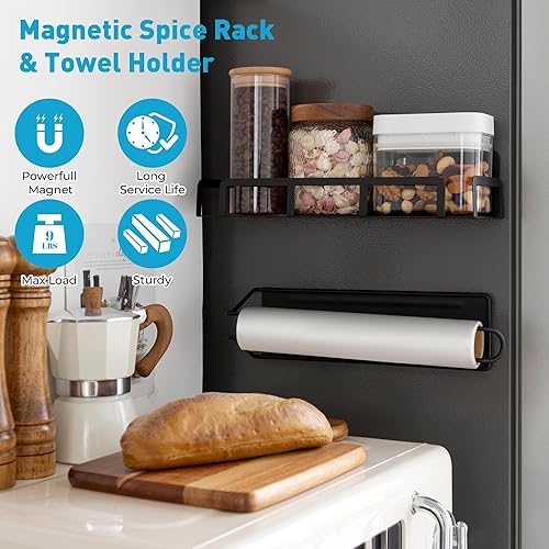 Miniatura 6 de JS HOME Estante magnético para especias para refrigerador de 1 nivel y soporte para toallas de papel, organizador magnético para refrigerador,