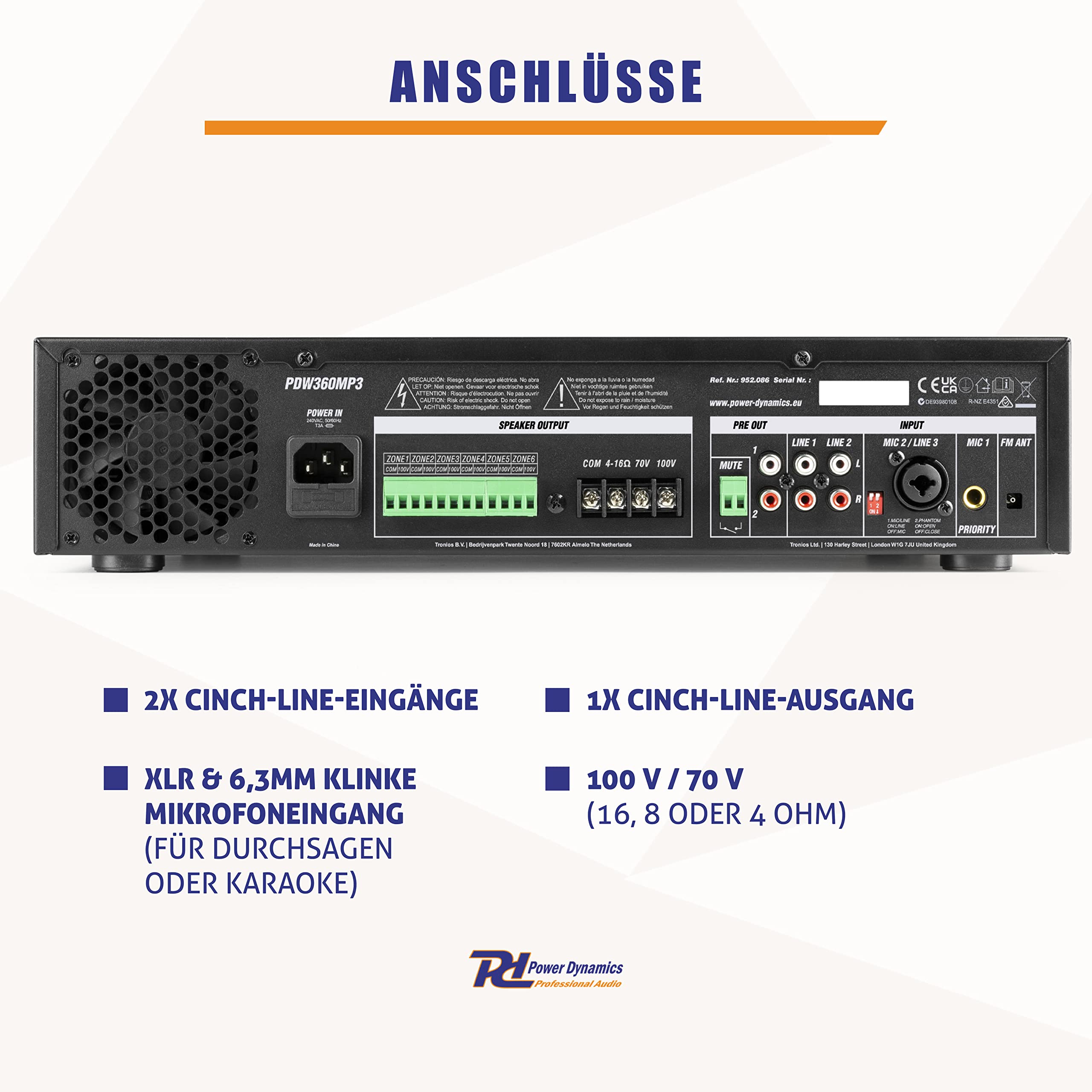 Power Dynamics PDW500MP3 - Verstärker, PA Mixer, 6-Zonen-Verstärker, 500 Watt, Bluetooth, MP3, für 100V- Soundsysteme, RCA-Inputs, MIC-IN, 3-Band EQ, Mehrzonen Endstufe