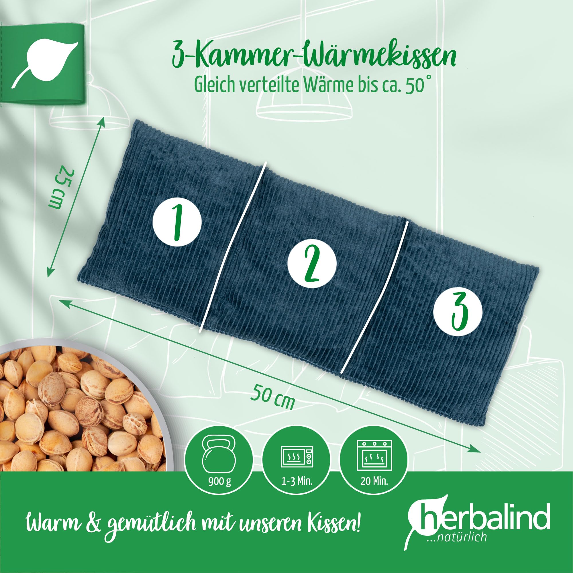 HERBALIND Robustes Kirschkernkissen Cord Premium 50x20cm 900g (L) - Handmade in Germany - Wärmekissen für Mikrowelle - 100% OEKO TEX Baumwolle für Erwachsene Kinder (Cordstoff, petrol)