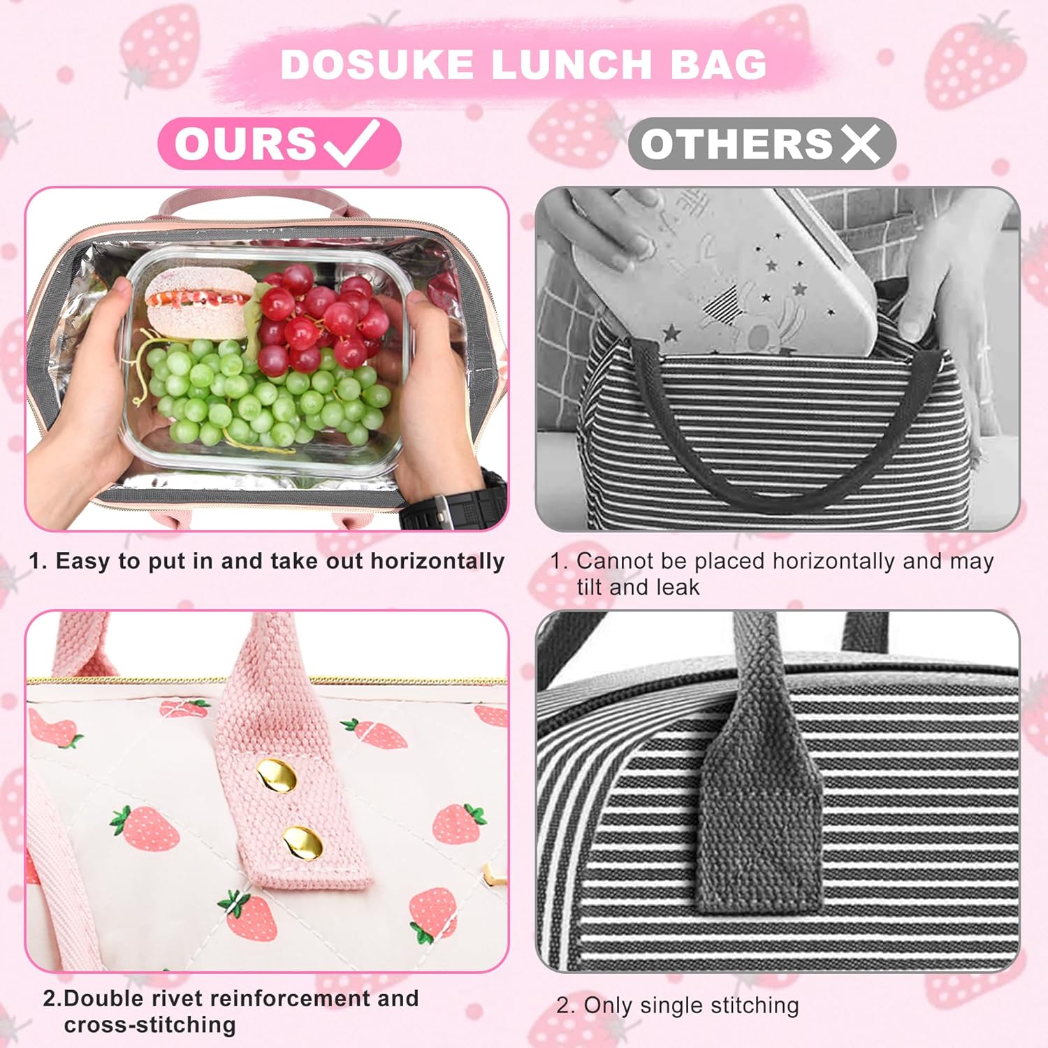 Strawberry Lunch Bag for Women, Cute Insulated Lunch Box with Wide-Open, Reusable Portable Leakproof Cooler Lunch Tote Bags for Work, Picnic, Travel, or Christmas Gifts – Little Strawberry - Image 5