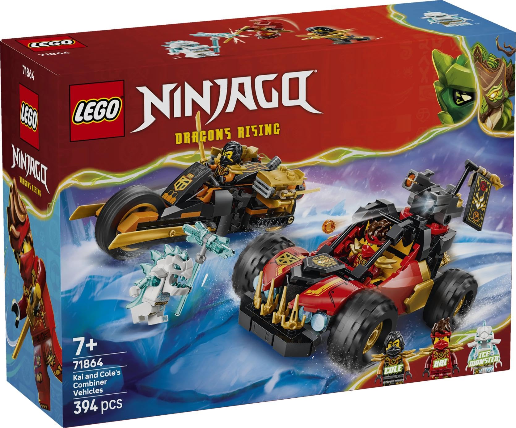 LEGO Ninjago Véhicules Combinables de Kai et Cole - Jouet Voiture de Ninja, Moto, 3 Minifigurines Dont Kai & Cole avec Katanas - Idée Cadeau pour Garçon 7 Ans ou Fan du Soulèvement des Dragons 71864