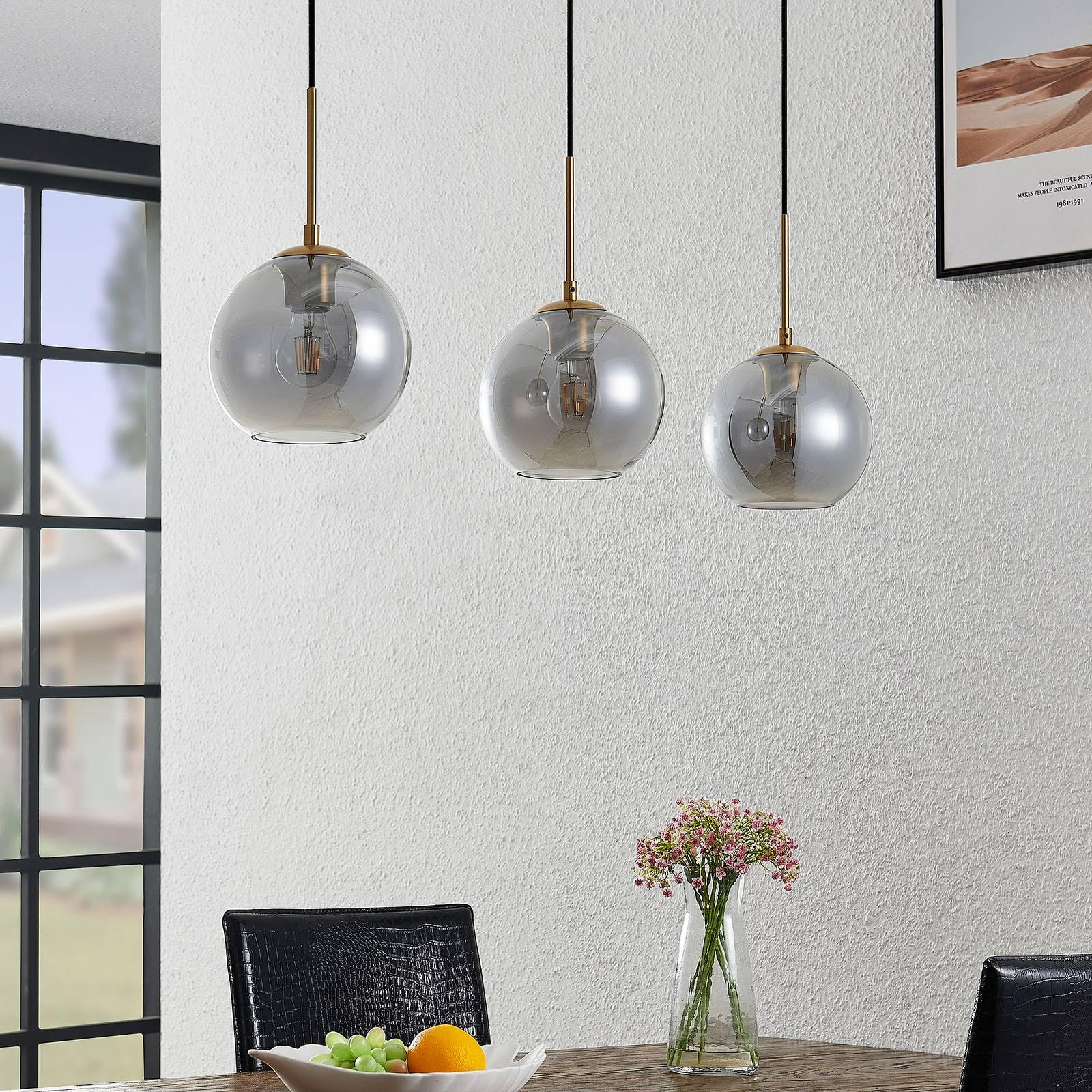Lindby Lampadario a Sospensione Moderno 3 Sfere in Vetro Fumè, Luci E27 Sospeso Bolle per Cucina Sala da Pranzo Soggiorno Tavolo Ristorante Metallo 110 cm