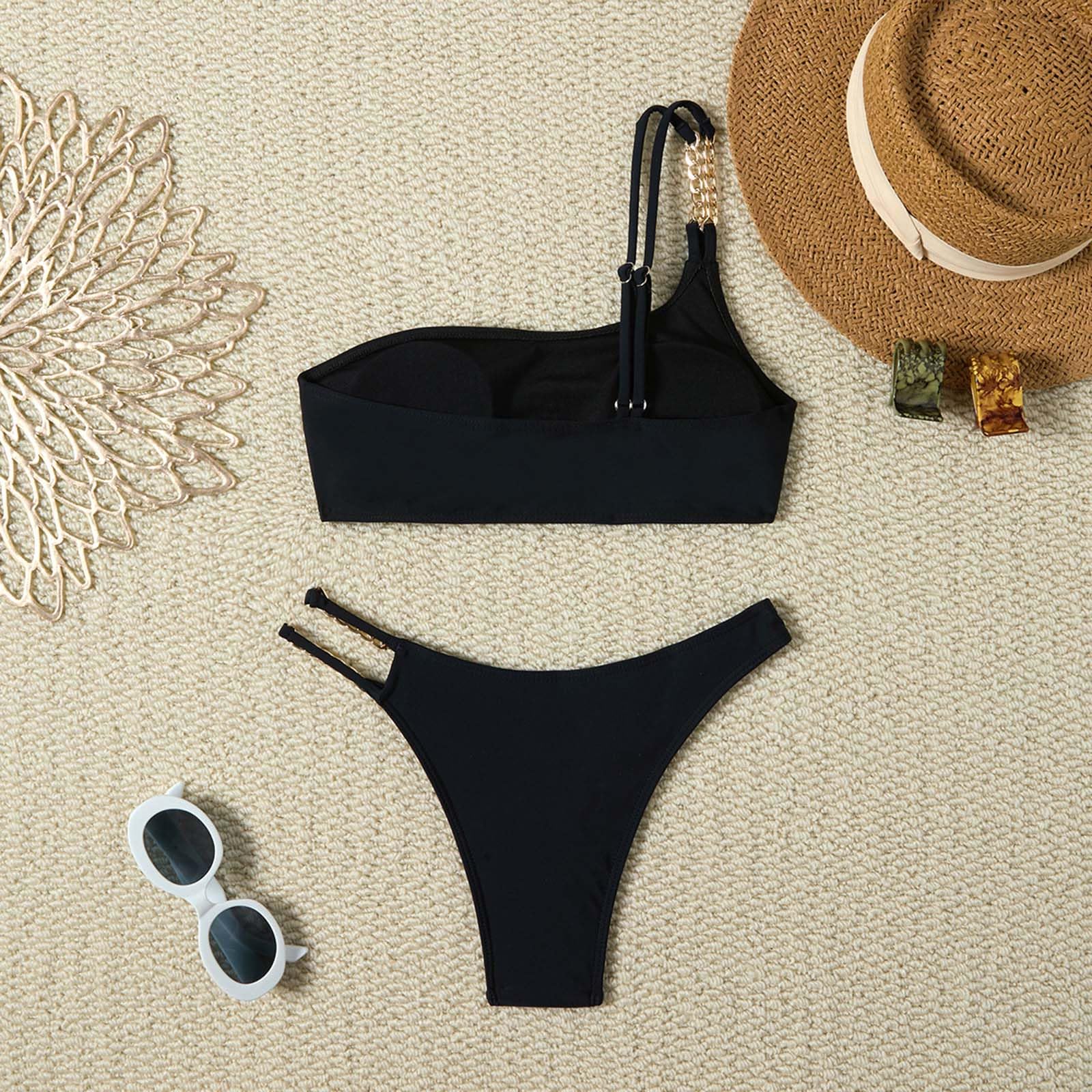 Generico Set Bikini con Top Monospalla, Costume Bagno Due Pezzi Donna, Nero, Doppia Catena in Metallo, Cinturino Regolabile, Asimmetrico, A Triangolo, Traforato
