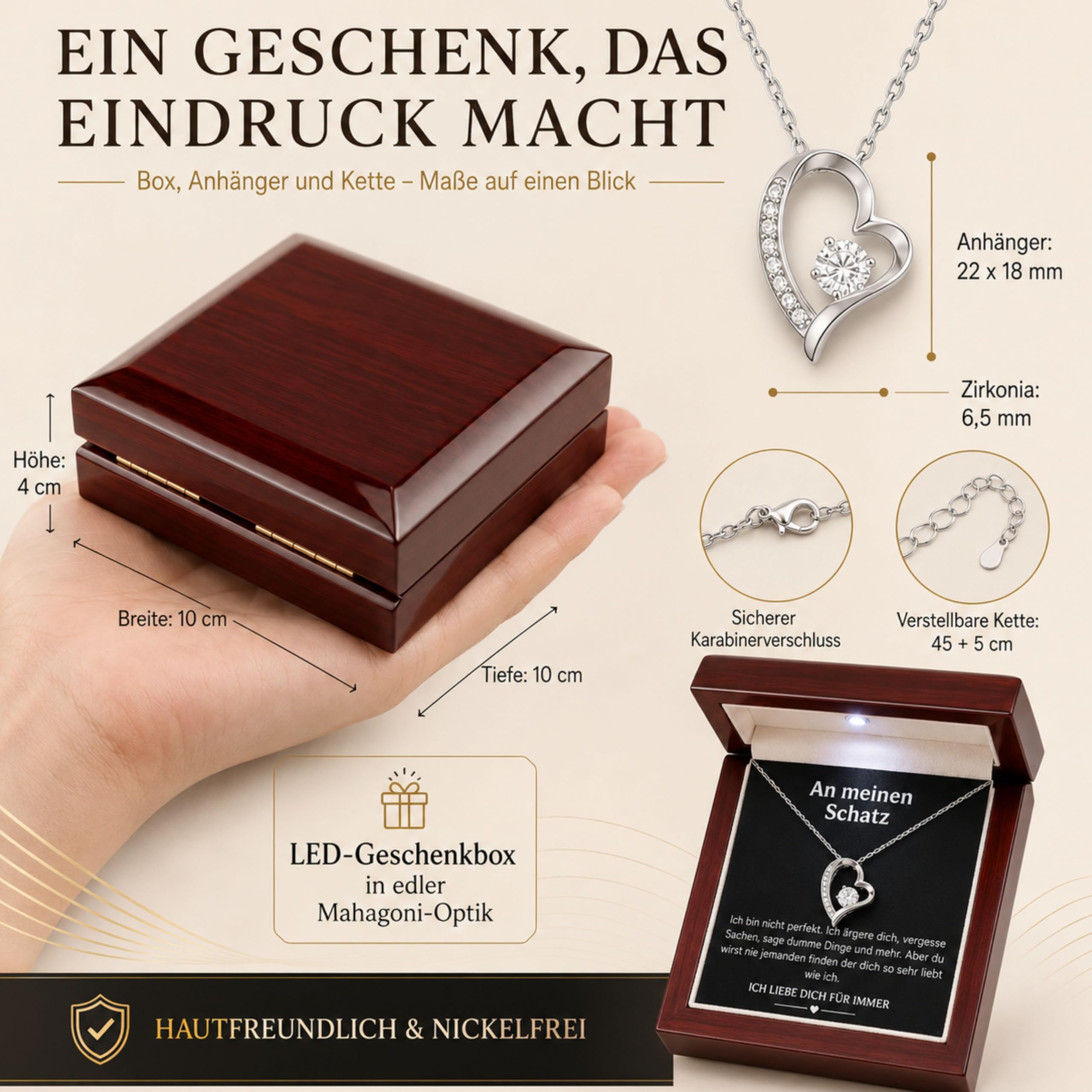 Herz Kette Damen - Geburtstagsgeschenk für Frauen, Geschenke für Freundin, 30. 40. 60 Geburtstaggeschenke mit LED Geschenkbox, Jahrestag Geschenk für Sie