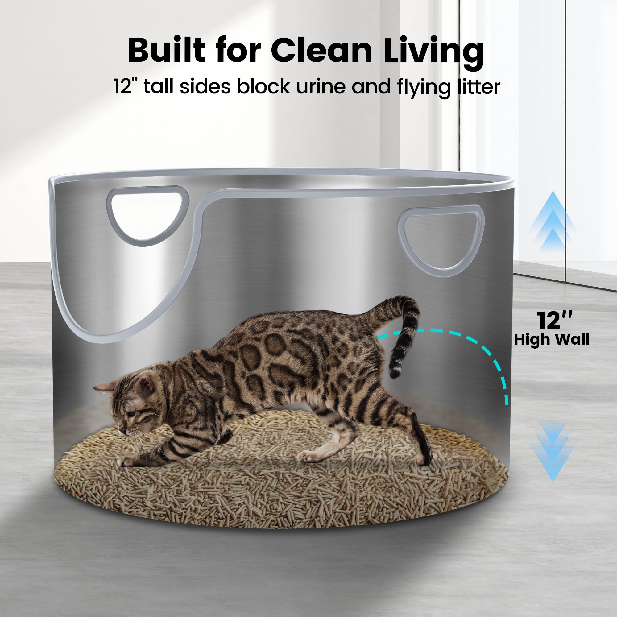 FOPUNB Stainless Steel Litter Box - Round, 12" High Sides, Includes Scoop For Big Cats & Multi-Cat Homes