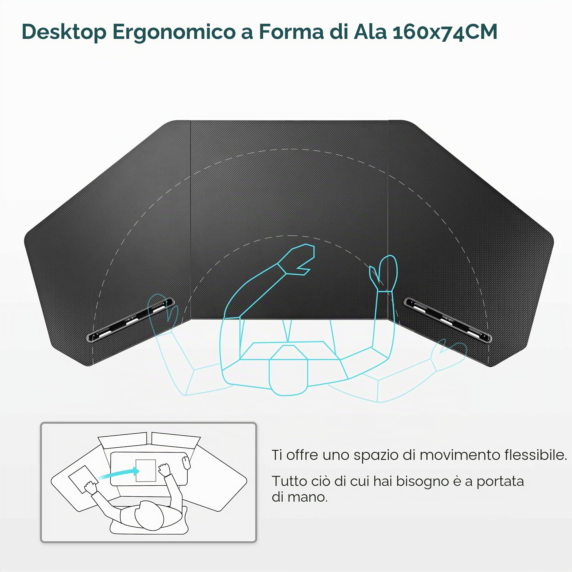 EUREKA ERGONOMIC Tavolo da gioco, 160 x 74 cm, grande scrivania da gioco a forma di ala, PC con 2 slot per iPad, per Home Office Studio Live Streaming