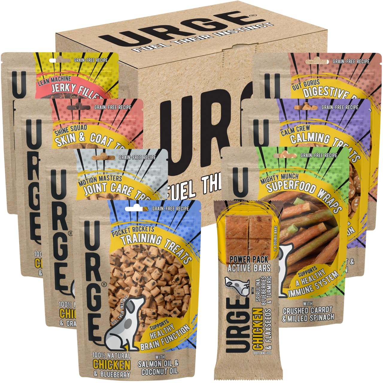URGE Discovery Bundle Daily Dog Treats - 8 x 100g Bags - Variety Box - Training - Immune - Coat - Digestive - Calming - Weight - Movement - Active - 100% Grain Free