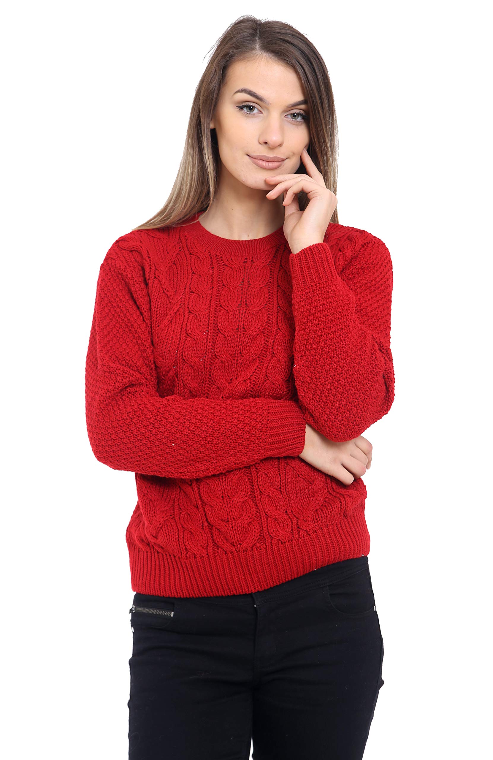 Generation Fashion Women's Red New Cable Knit Crew Round Neck Long Sleeve Knitted Jumper Sweater [,Sm]