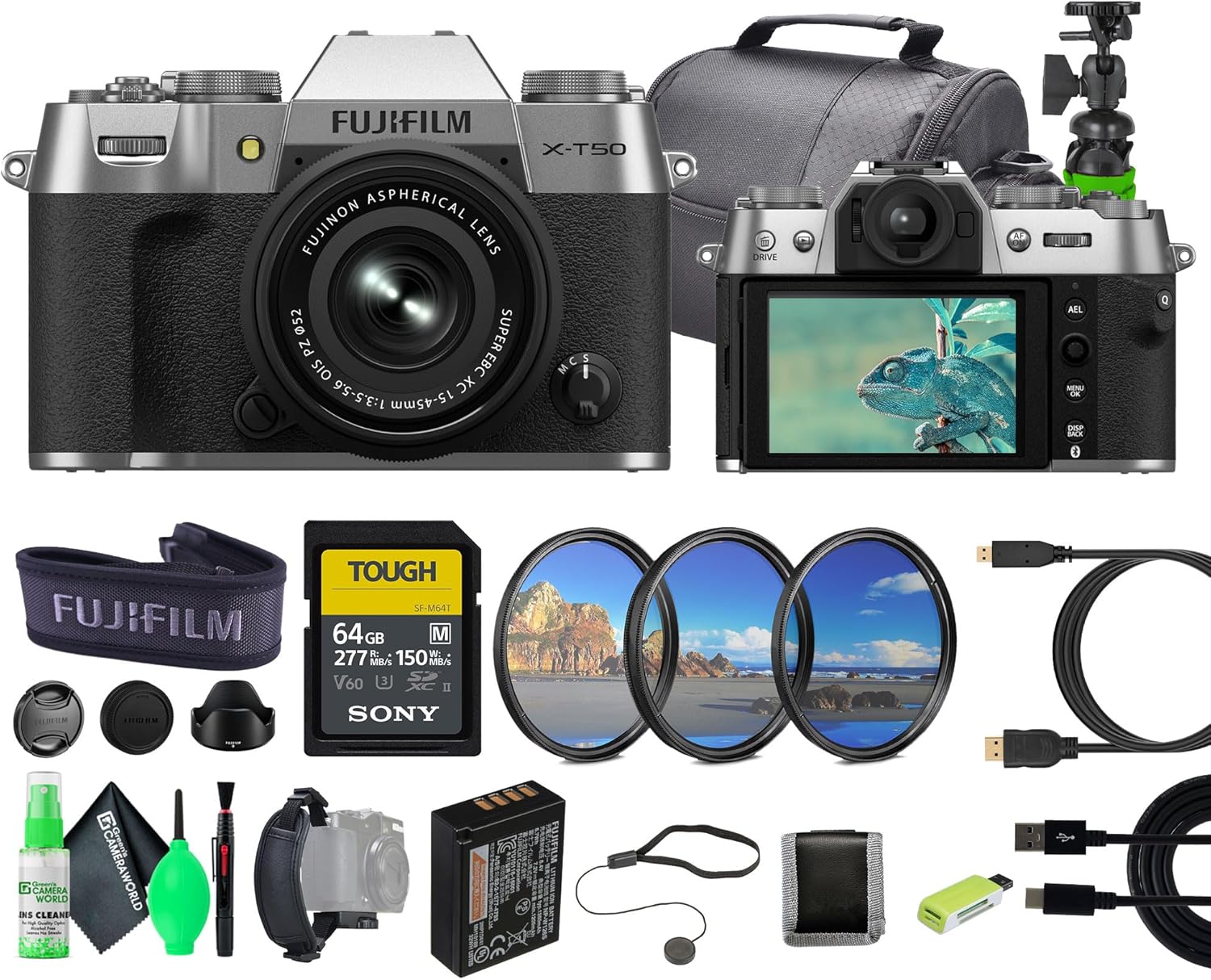 Fujifilm X-T50 Mirrorless Digital Camera XC15-45mmF3.5-5.6 OIS PZ Lens Bundle Kit + 64GB SF-M Tough UHS-II Memory Card + Mc Pro Filter Kit + Camara Bag + More Accessories (Silver)
