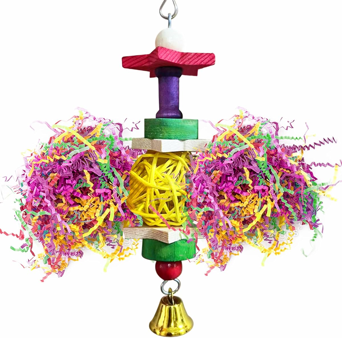 Parakeet Toy, Brightly Colored Hanging Toy Made of Rattan, Wood and Shredded Paper, for Small and Medium Parrots, Cockatiels, Lovebirds and Finches (1 Piece)