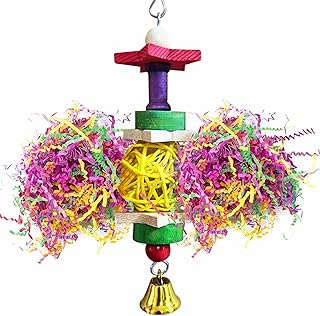 SunGrow Parakeet Toy, Brightly Colored Hanging Toy Made of Rattan, Wood and Shredded Paper, for Small and Medium Parrots, Cockatiels, Lovebirds and Finches (1 Piece)