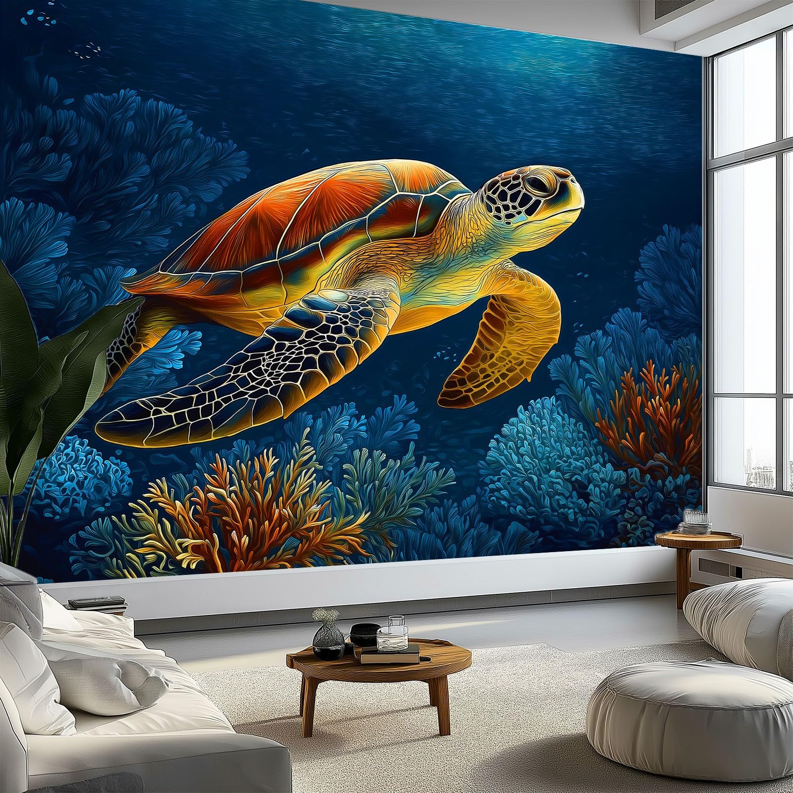 Fototapeta z włókniny, styl kreskówkowy, tapeta 200 x 140 cm (szer. x wys.), nowoczesna tapeta z włókniny, efekt 3D, dekoracja ścienna, morze, rafa koralowa, żółw, tapeta z motywem, tapeta ścienna