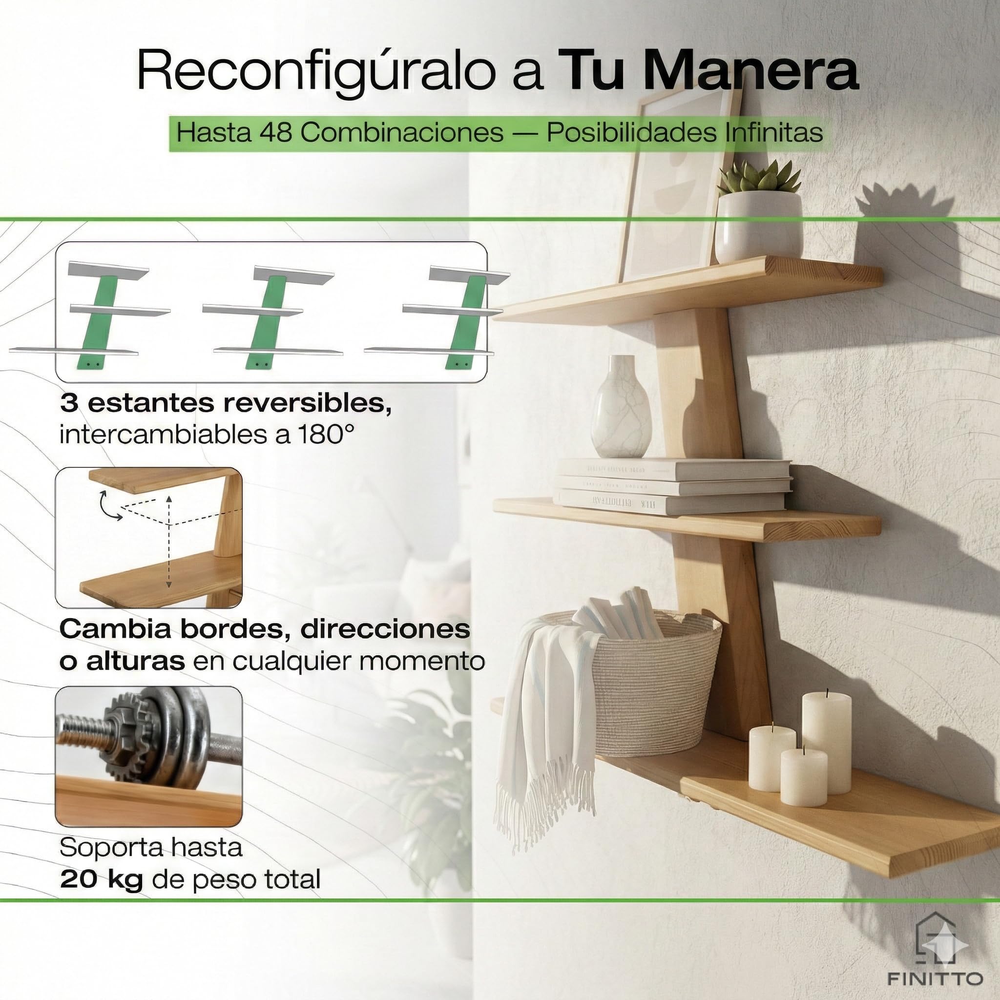 Luce Estantería Pared Madera Pino Maciza (58x58cm) | Incluye Nivel | Balda Flotante Modular con Ganchos Latón para Recibidor y Baño | Estructura Robusta para Libros y Decoración