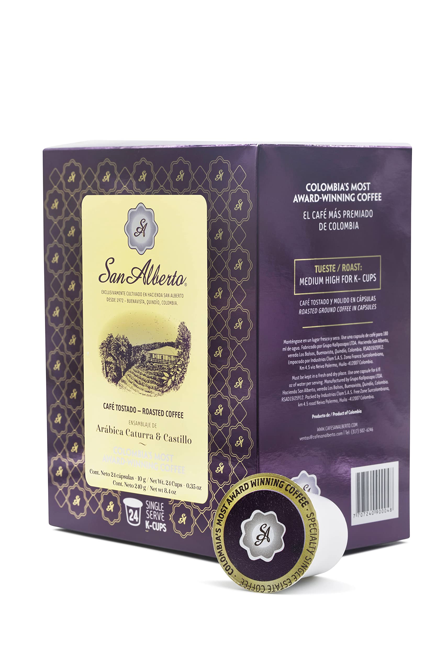 San Alberto Coffee K-Cups - 100% Arabica Colombian Medium Roast Coffew with Chocolate Notes & Medium Acidity - 24 Pods