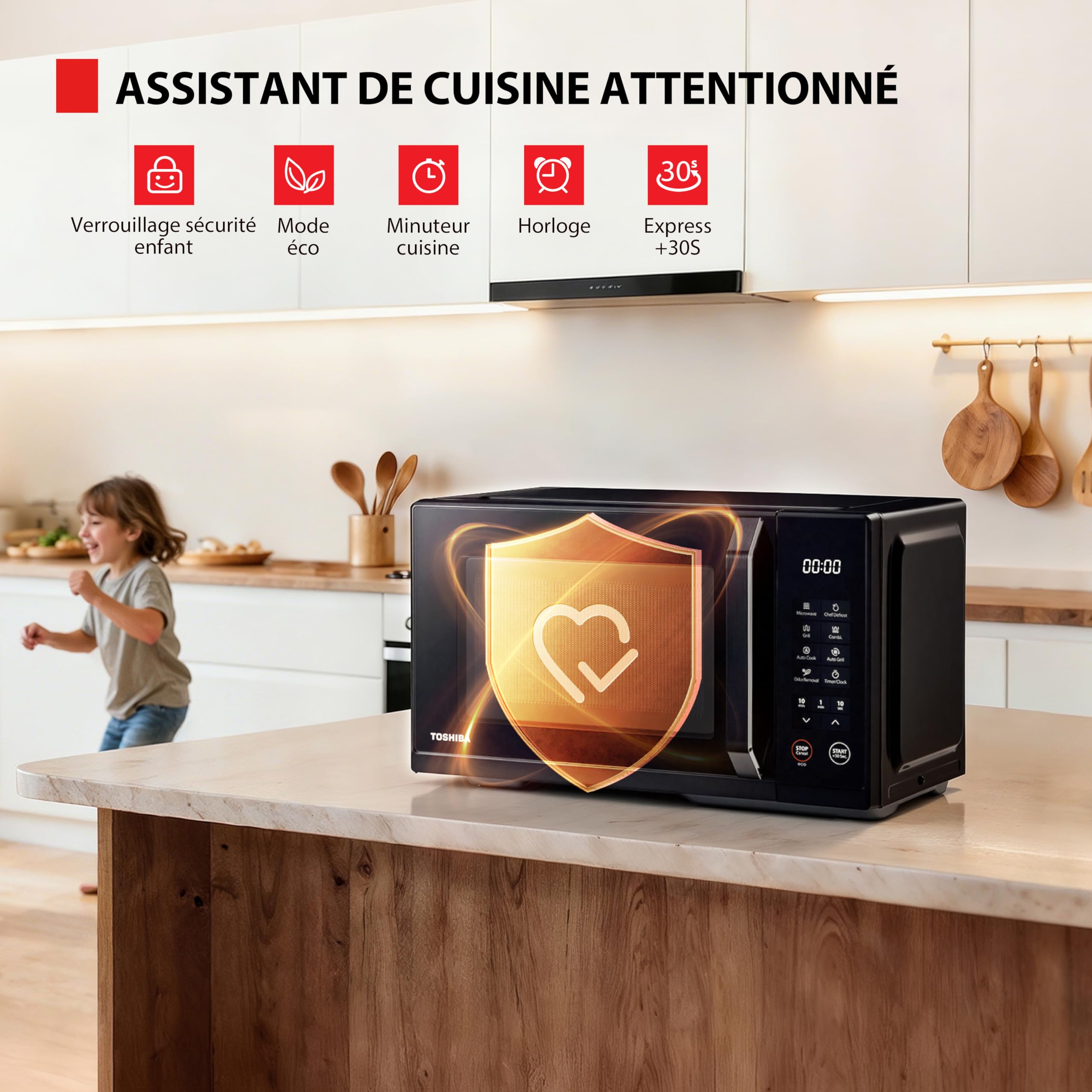 Toshiba Four micro-ondes Posable MW3-EG23PE(BK) avec grill, 23 L, 800 W, grill 1000 W,10 niveaux de puissance, fonction Chef Defrost, menu automatique, facile à nettoyer, noire
