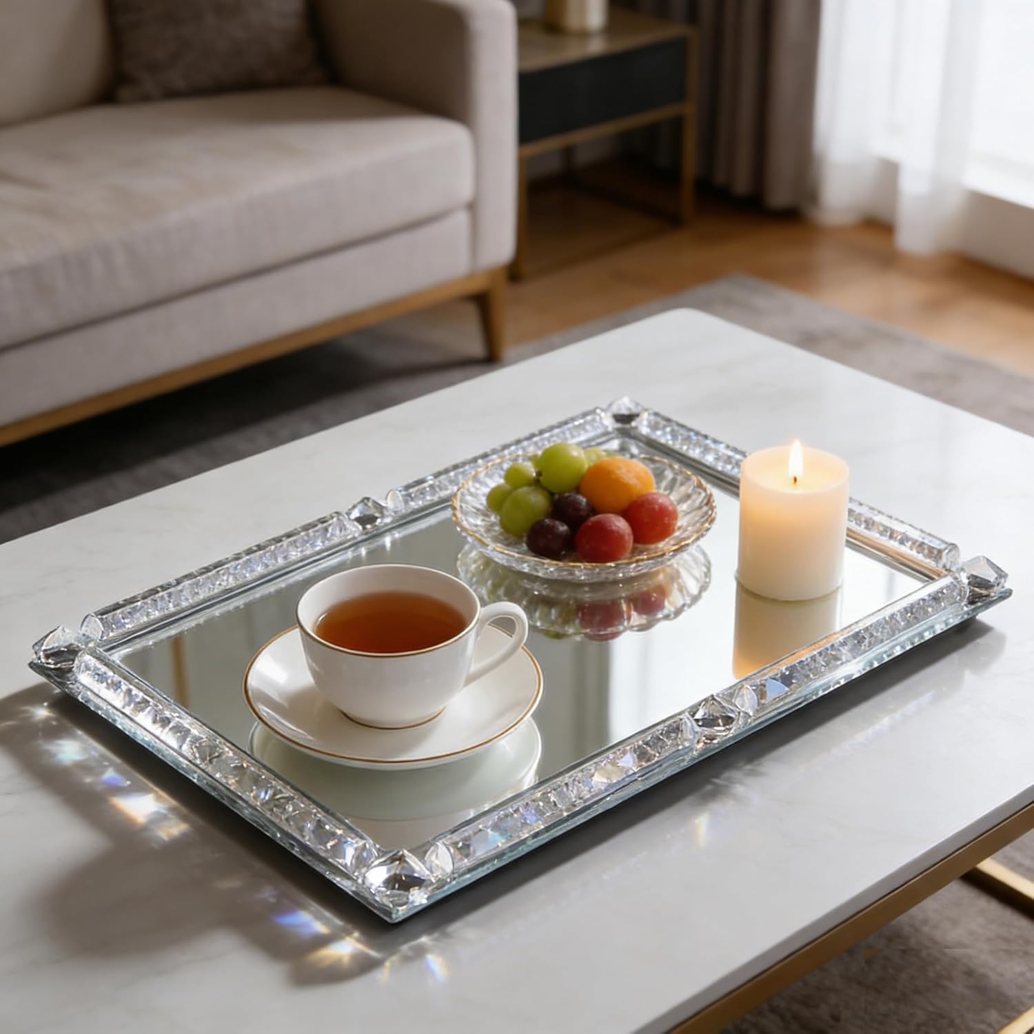 Mirror Vanity Tray, Crushed Diamond Filled Crystal Glass Cosmetic Makeup Tray, Shinning Perfume Jewelry Trinket Countertop Decorative Tray, for Home Party Hotel Dresser Bathroom Bedroom(Silver)