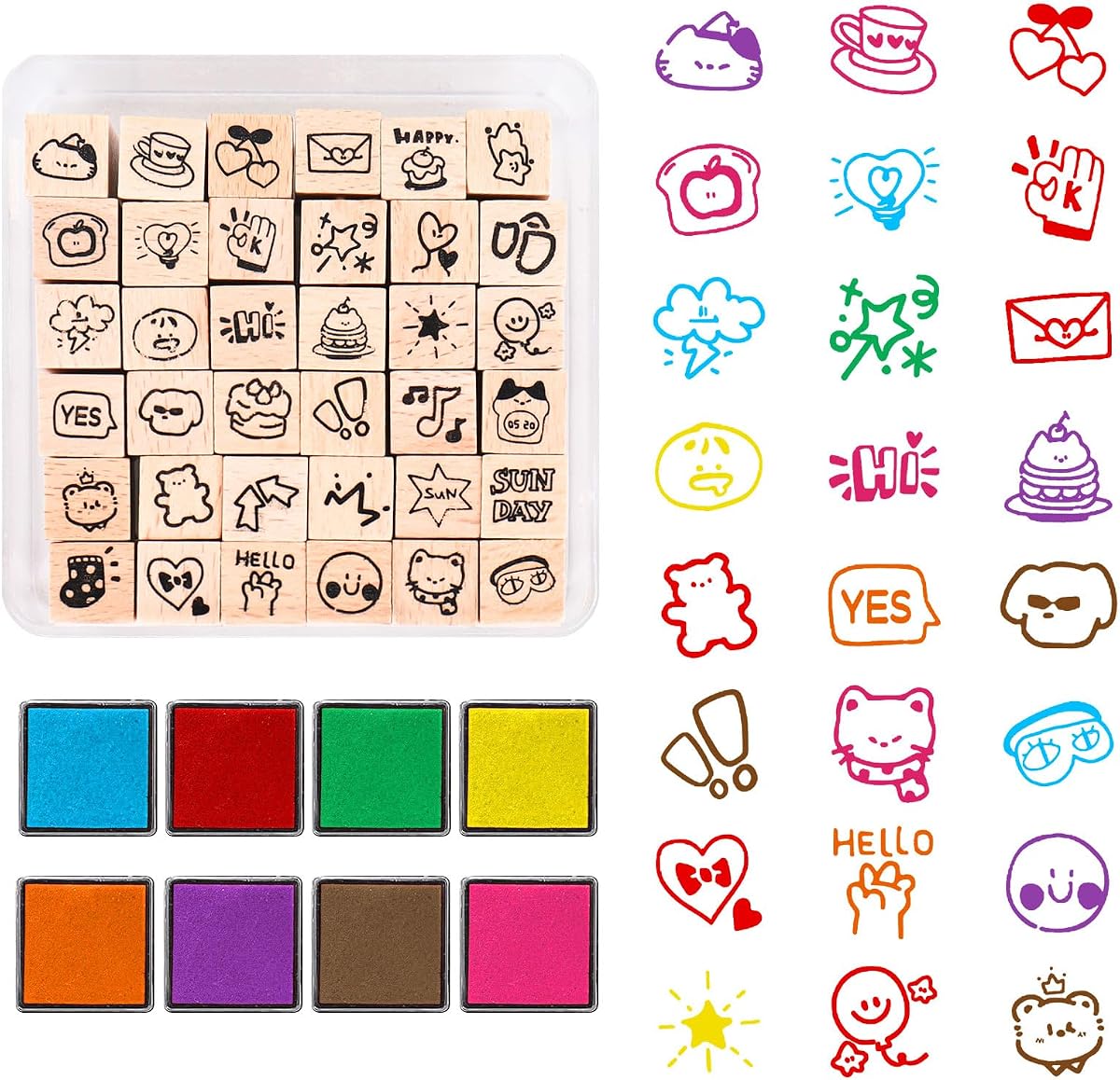 JarThenaAMCS 44 Pcs Full of Energy Wooden Rubber Stamps Kit with Craft Ink Pads Cute Daily Pattern DIY Craft Stamps for Decorative Diary Planner Scrapbook Card Making Letters Journal