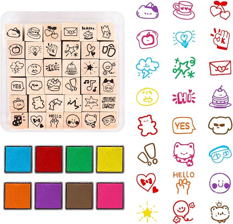 JarThenaAMCS 44 Pcs Full of Energy Wooden Rubber Stamps Kit with Craft Ink Pads Cute Daily Pattern DIY Craft Stamps for Decorative Diary Planner Scrapbook Card Making Letters Journal
