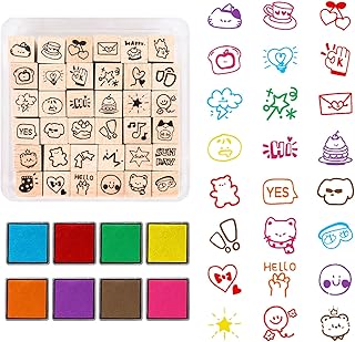 JarThenaAMCS 44 Pcs Full of Energy Wooden Rubber Stamps Kit with Craft Ink Pads Cute Daily Pattern DIY Craft Stamps for Decorative Diary Planner Scrapbook Card Making Letters Journal