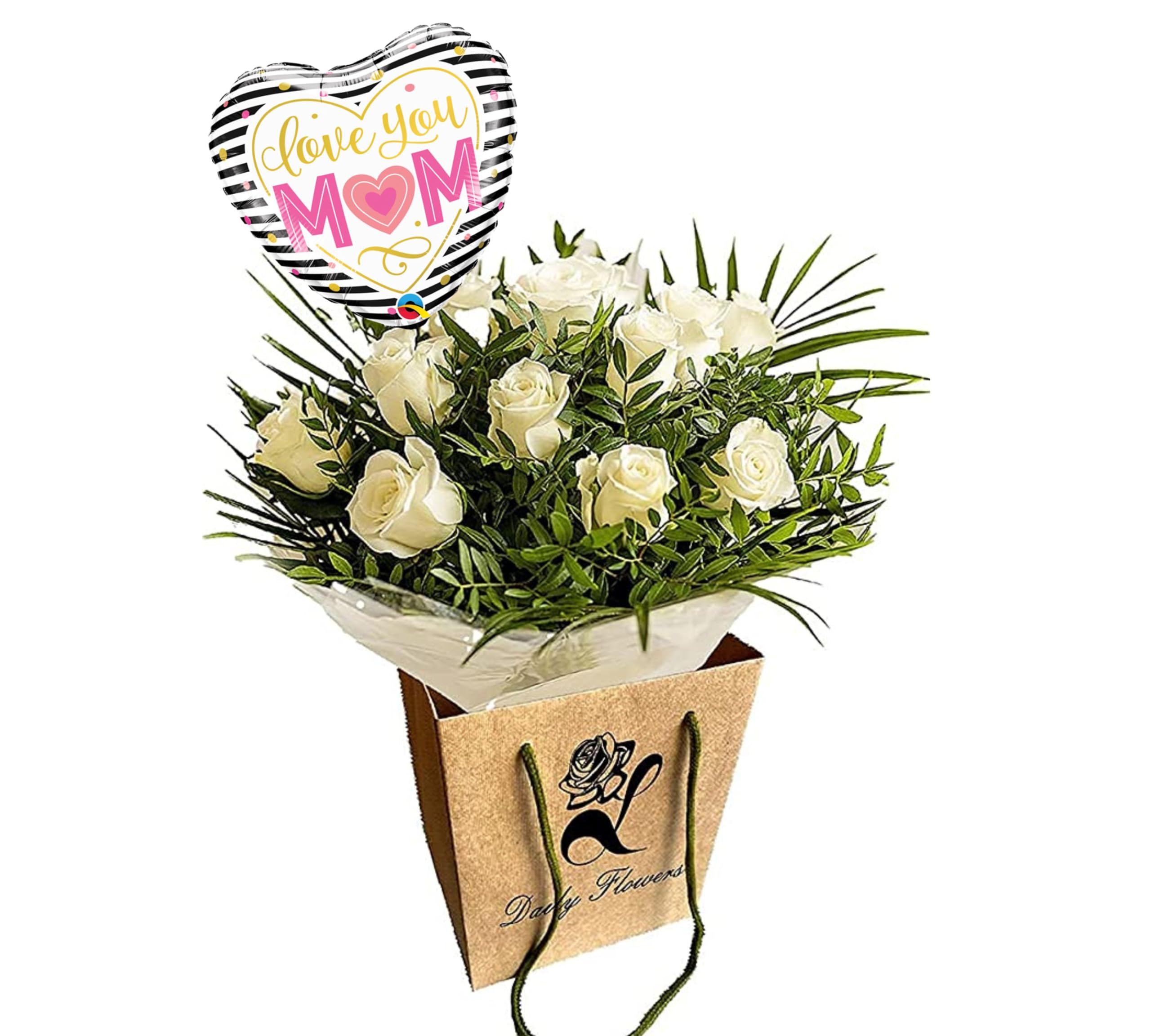 Pure Delight White Roses Bouquet – Fresh Cut Flowers for Birthdays, Anniversaries, Bridal, Get Well, Thank You, Sympathy, Celebrate Occasions – Seasonal Arrangement (Mum Balloon)