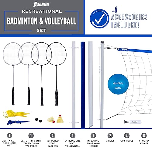 Miniatura 2 de Franklin Sports - Juegos de Voleibol + Bádminton - Juego de Playa + Patio Trasero - Voleibol, Bomba, Raquetas de Bádminton, Volantes, Red + Postes