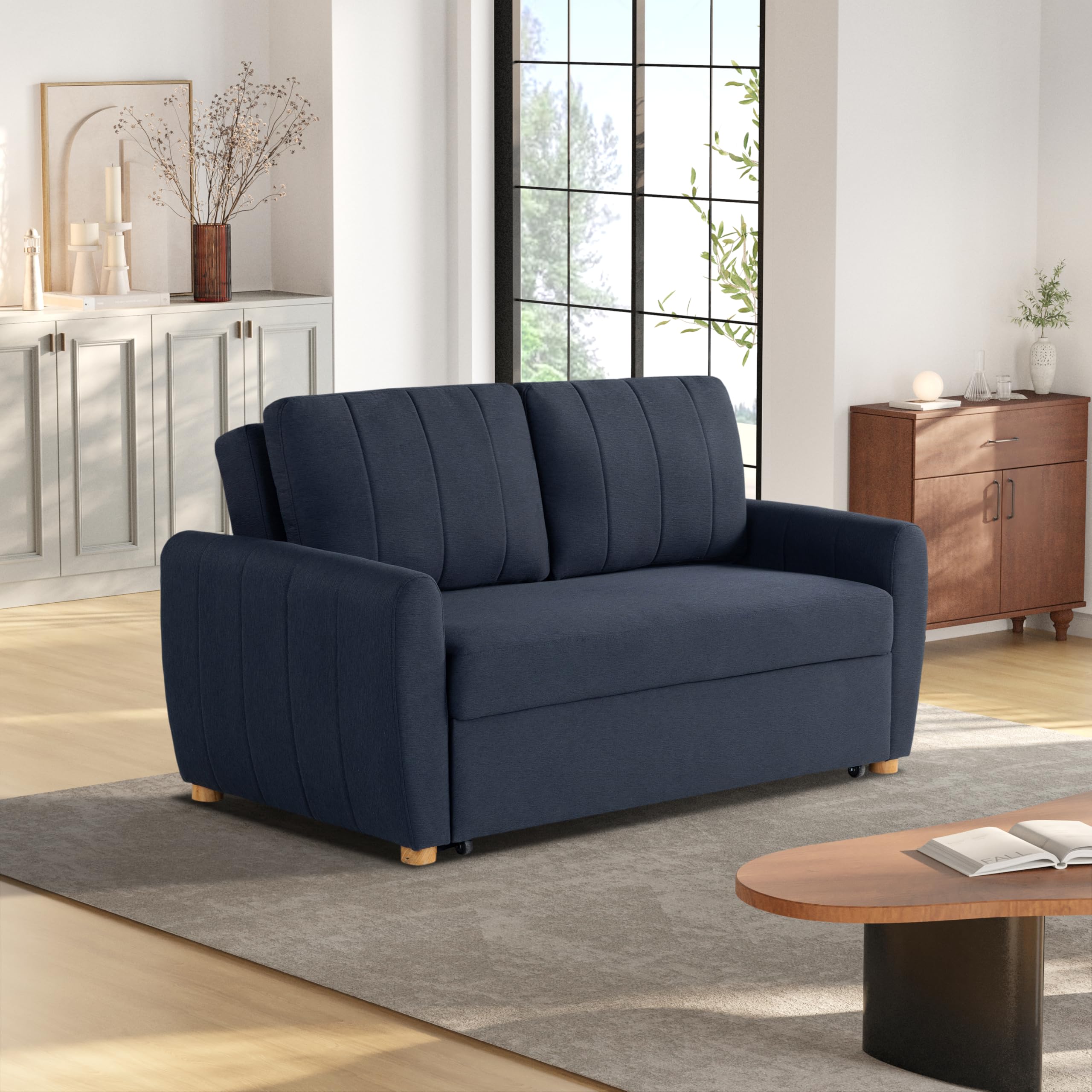 Photo 1 of Serta® Galway 66.5" Full-Size Convertible Pop-up Sofa, Dream Coil® Comfort, Finger Guard® Pinch Point Protection, Woven Polyester Fabric, Navy Blue