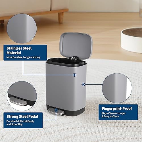 Miniatura 7 de Garvee Bote de basura manos libres de 12 litros, funcionamiento de pedal con tapa de control de olores, contenedor interior extraíble y soporte para