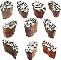 RoyalKraft Indian Floral Wooden Block Printing Stamps Set of 10 - Hand-Carved for Fabric, Paper, Clay, Pottery & Henna Tattoos