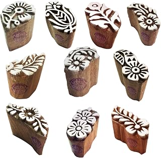 RoyalKraft Indian Floral Wooden Block Printing Stamps Set of 10 - Hand-Carved for Fabric, Paper, Clay, Pottery & Henna Tattoos