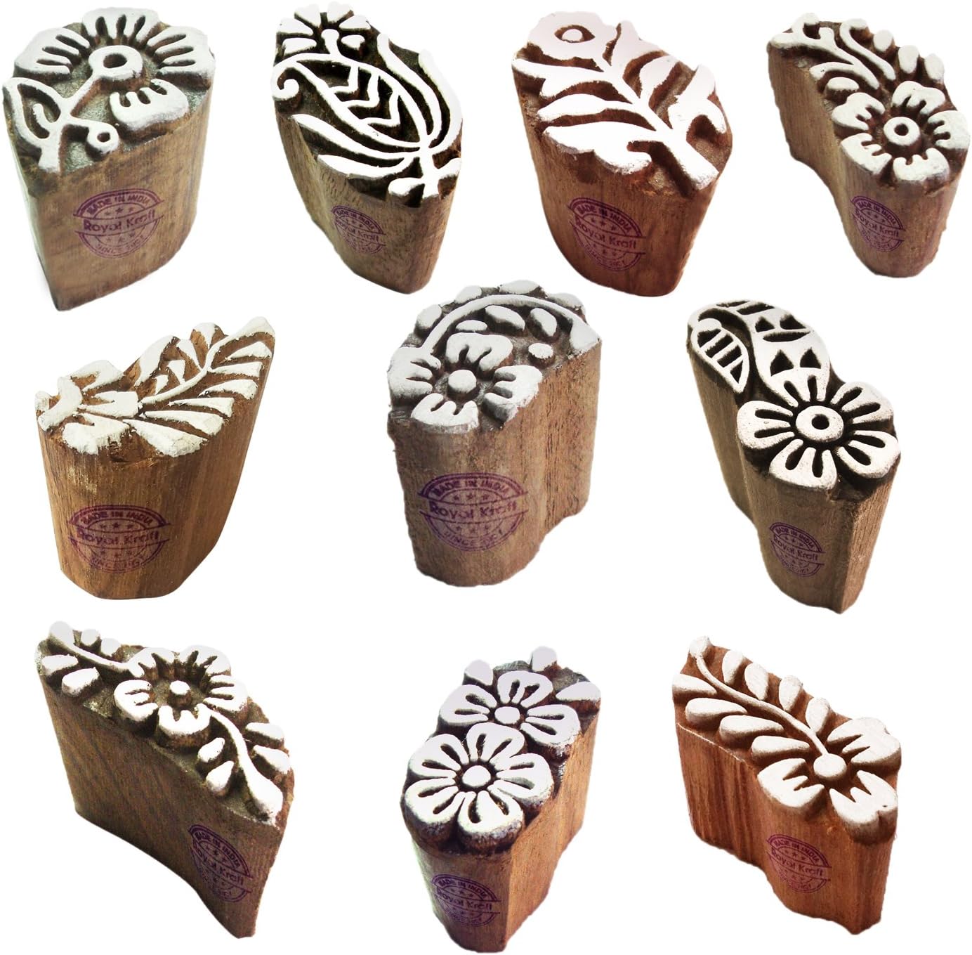 Fabric Wood Stamps Indian Small Floral Design Printing Blocks (Set of 10) Htag2103