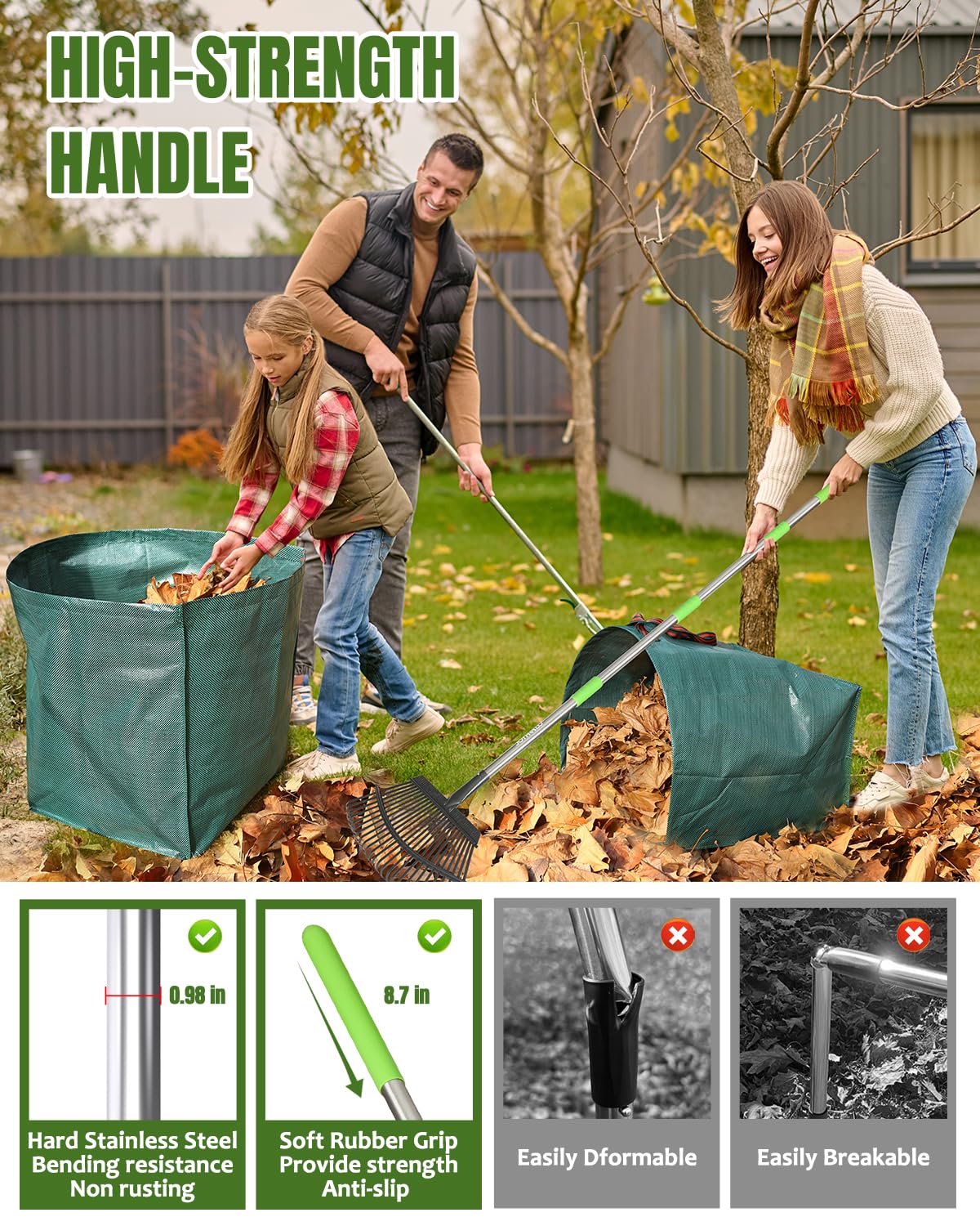 Joyhalo 165 cm Rechen für Blätter mit 40 Gallonen Kehrschaufel-Typ Laubsäcken, 25 Zinken Metall Laubbesen Set für Gartenarbeit Rasen Hof Outdoor Camping Strauch Gras Busch Grasschnitt