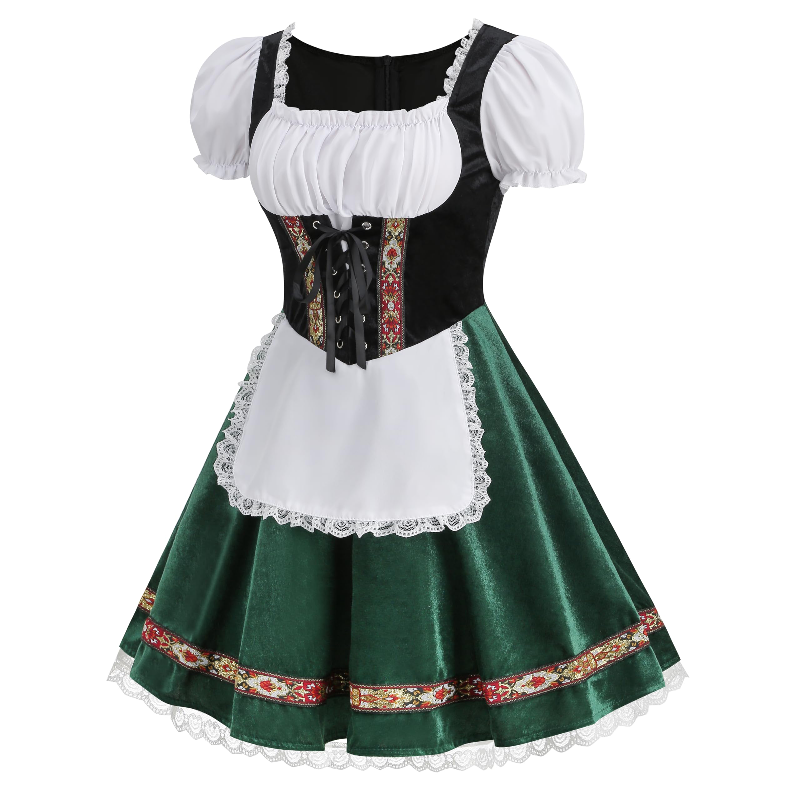 HAPNBCELE Women Oktoberfest Costume Adult German Bavarian Dirndl Velvet Puff Sleeve Green Beer Dress Halloween Carnival Cosplay XL - Image 2
