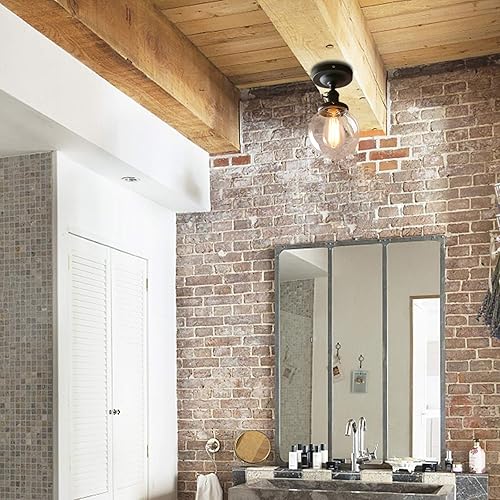 Miniatura 5 de Pathson lámpara de techo estilo industrial antiguo de 5.9 pulgadas con panel de montaje con bola de cristal transparente, negro, 60.00watts, 120.00