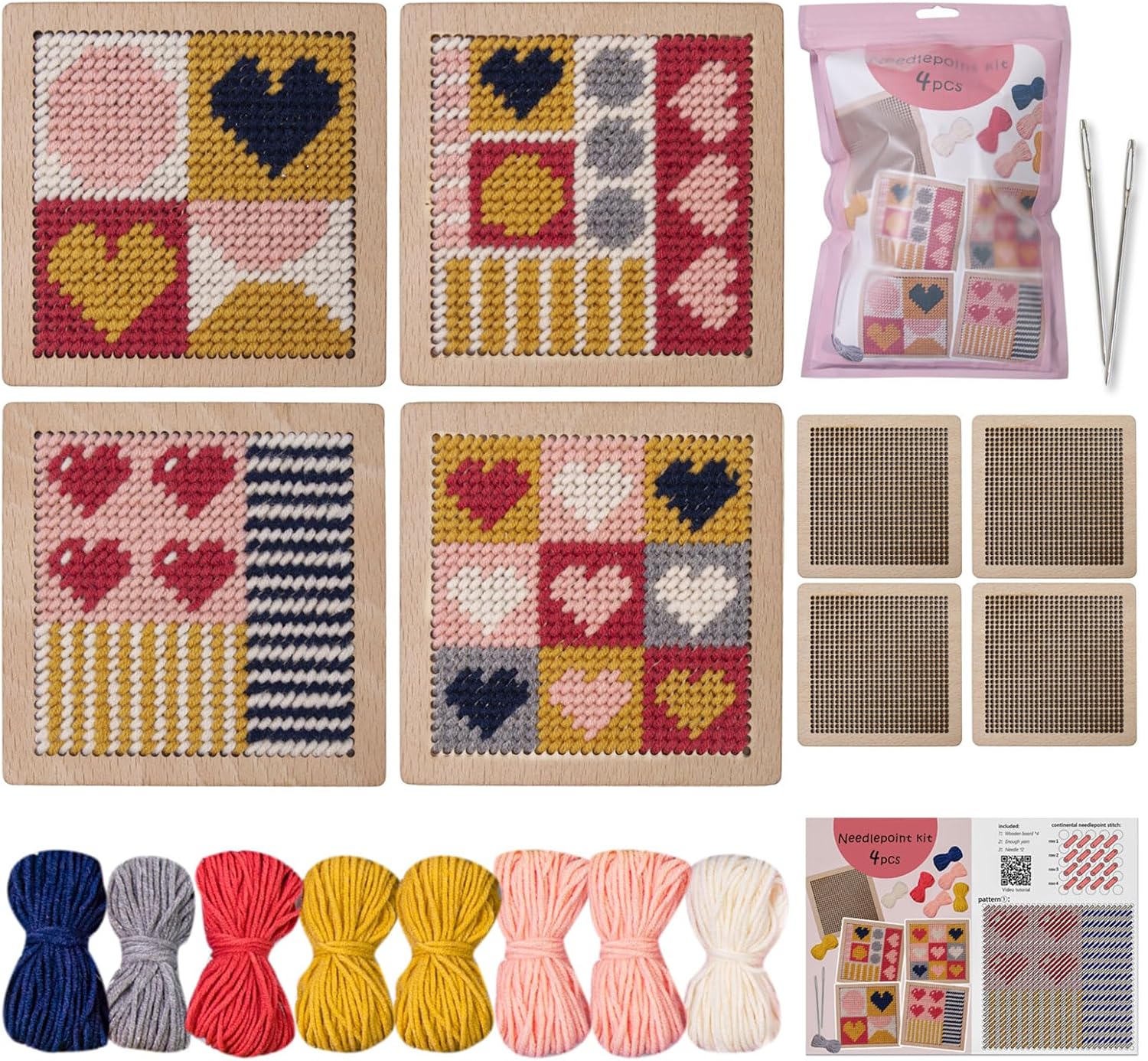 Yushen 4Pcs Heart Coaster Needlepoint Kit for Adult Cross Stitch Kits DIY Adults Needlepoint Embroidery Starter Set with Patterns Embroidery Needles Threads Crafts (Love)