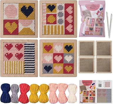 Yushen 4Pcs Heart Coaster Needlepoint Kit for Adult Cross Stitch Kits DIY Adults Needlepoint Embroidery Set No Patterns Stamped Embroidery Needles Threads Crafts Love