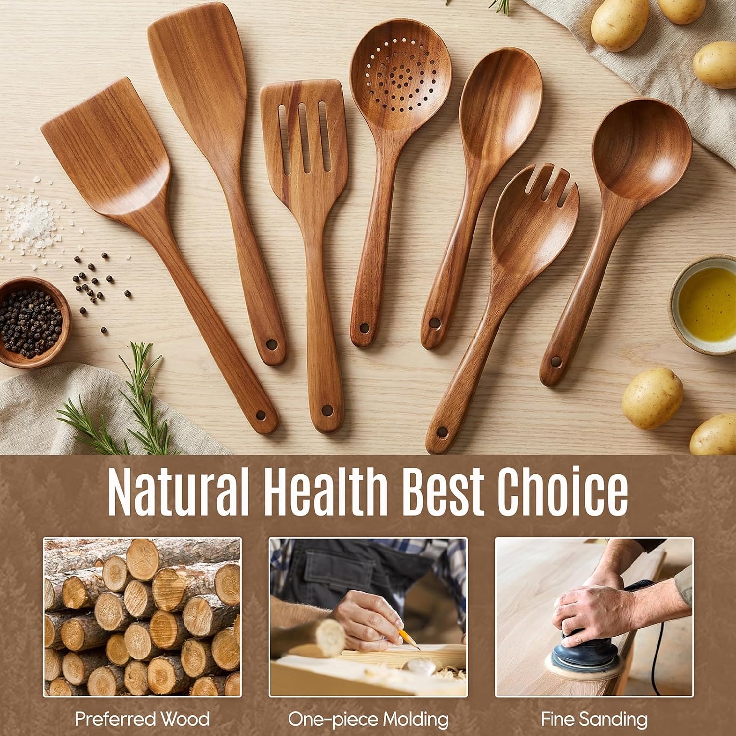 Wooden Cooking Utensils Set with Holder, 8 Pcs Teak Wood Kitchen Utensils for Nonstick Cookware, Wooden Spoons and Spatulas for Cooking, Farmhouse Kitchen Accessories