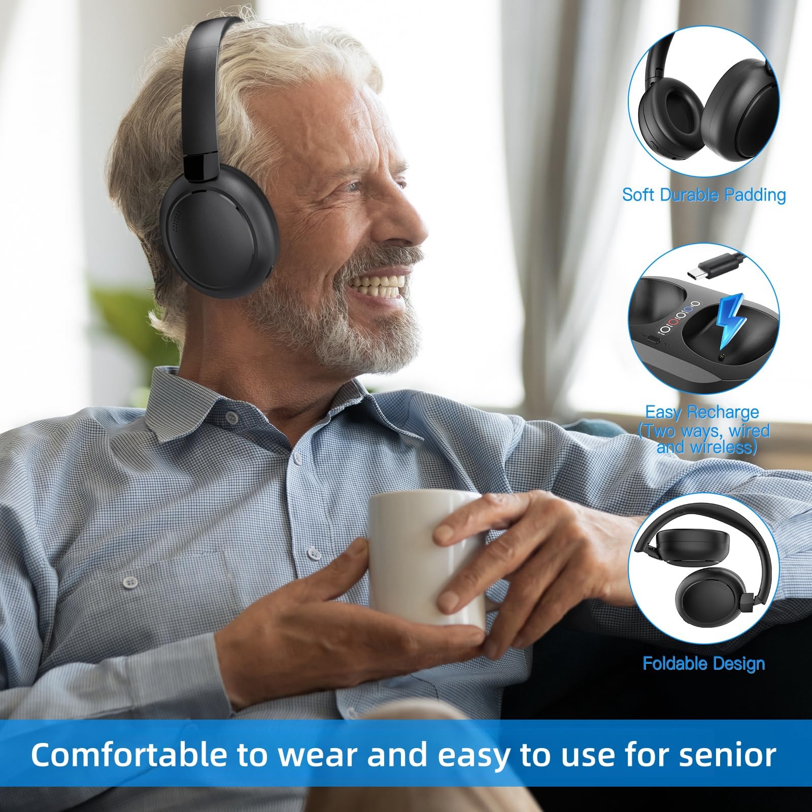 Auriculares Inalámbricos para TV, Auriculares para TV con Base de Carga para Transmisor, Cascos Supraurales para TV para Personas Mayores, Cascos Bluetooth con 50 Horas de Duración, Negro