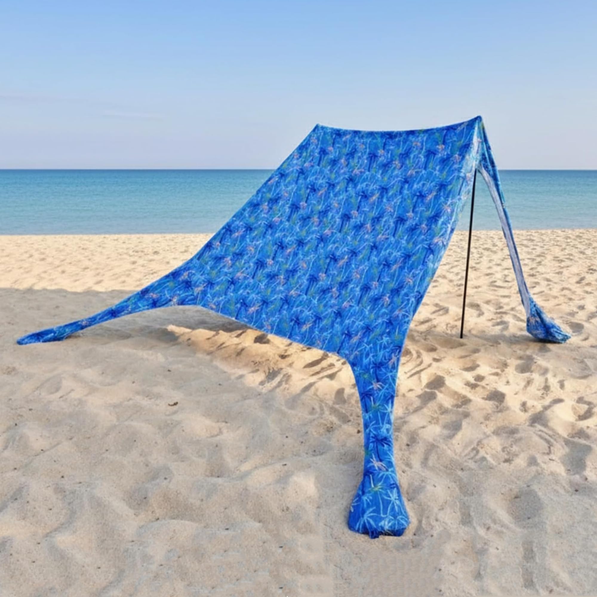 Tente de Plage Parasol, Motif Palmier Bleu, 210x200x160 cm, abri Solaire pour 3–4 Personnes