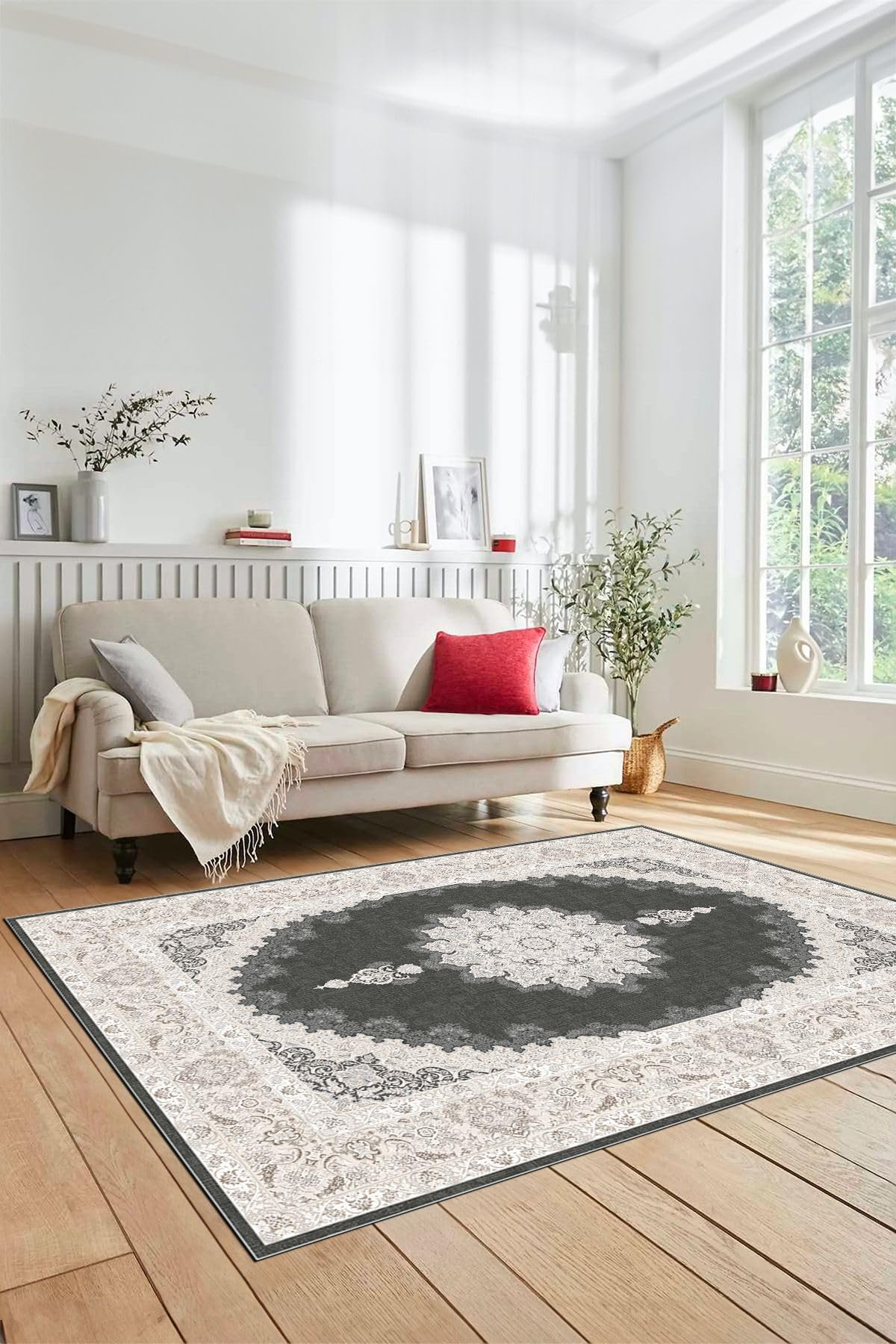Evdeya Dijital Kaymaz Yıkanabilir Göbekli Klasik Desen Mutfak Salon Halısı KLASİK-03, Vizon, 100 x 300