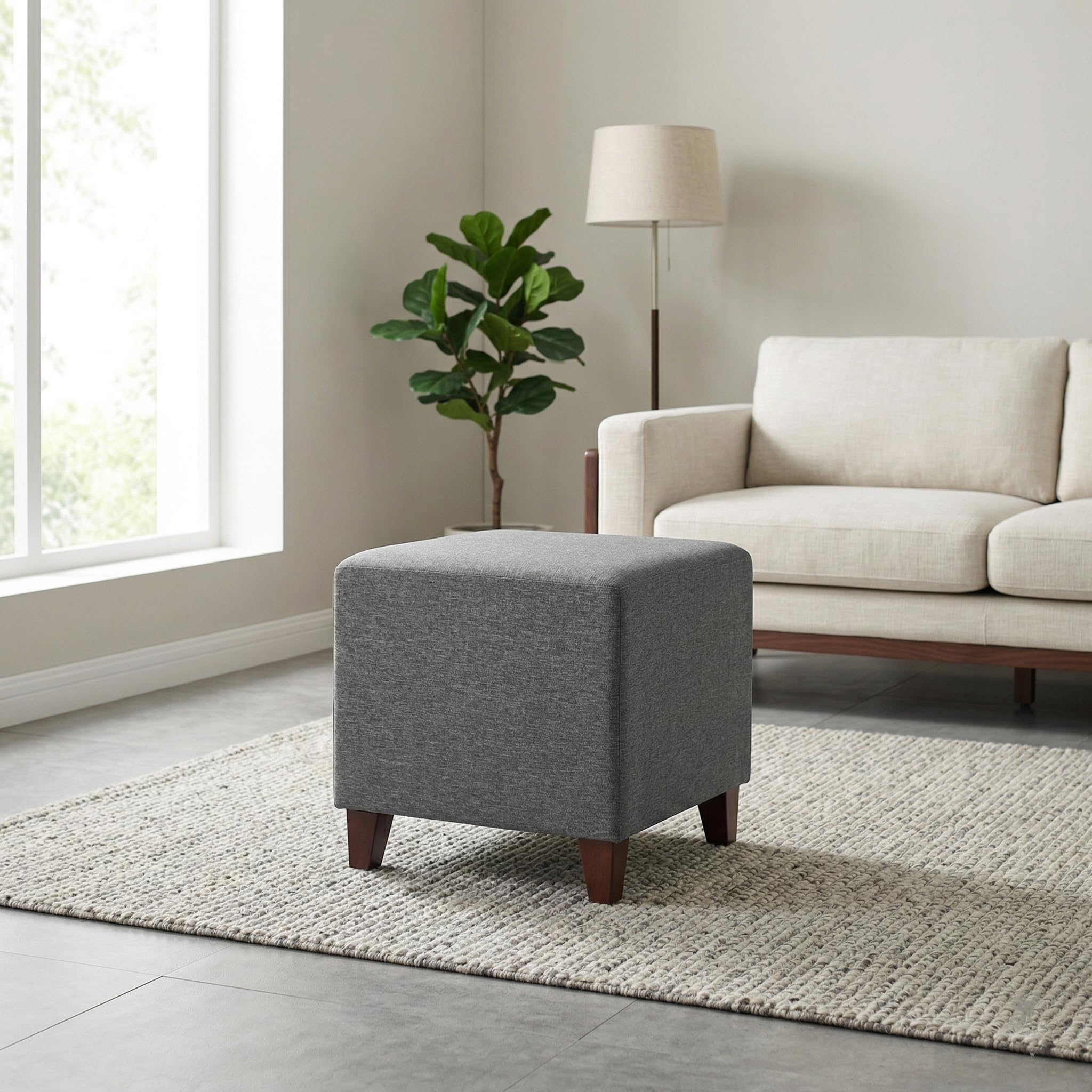 Joveco Square Ottoman Fabric Cube Foot Rest Stool with Wooden Legs (Dark Grey)